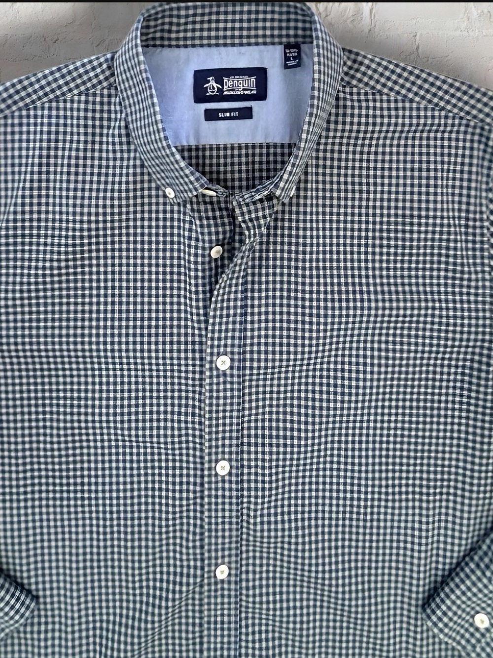 Original Penguin Munsingwear Shirt Mens L Blue Check Slim Fit Button Down Plaid